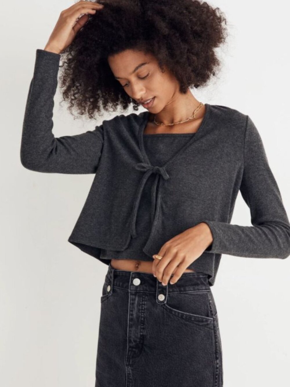Madewell Charcoal Gray Tie-Front Cropped Cardigan Sweater, Size XXS